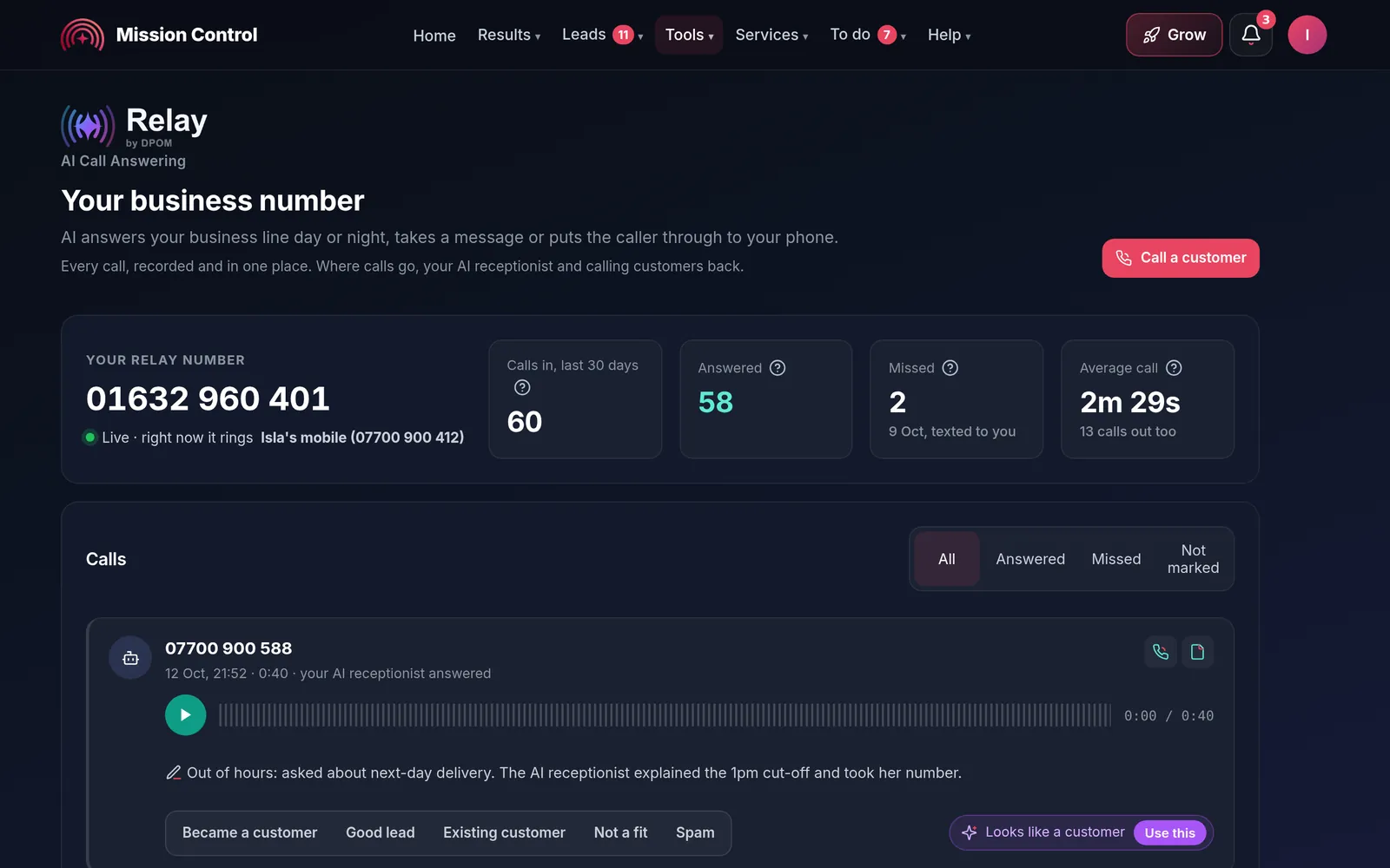 Relay in Mission Control: the business number, calls answered and missed, and a recorded call with its summary, demo account