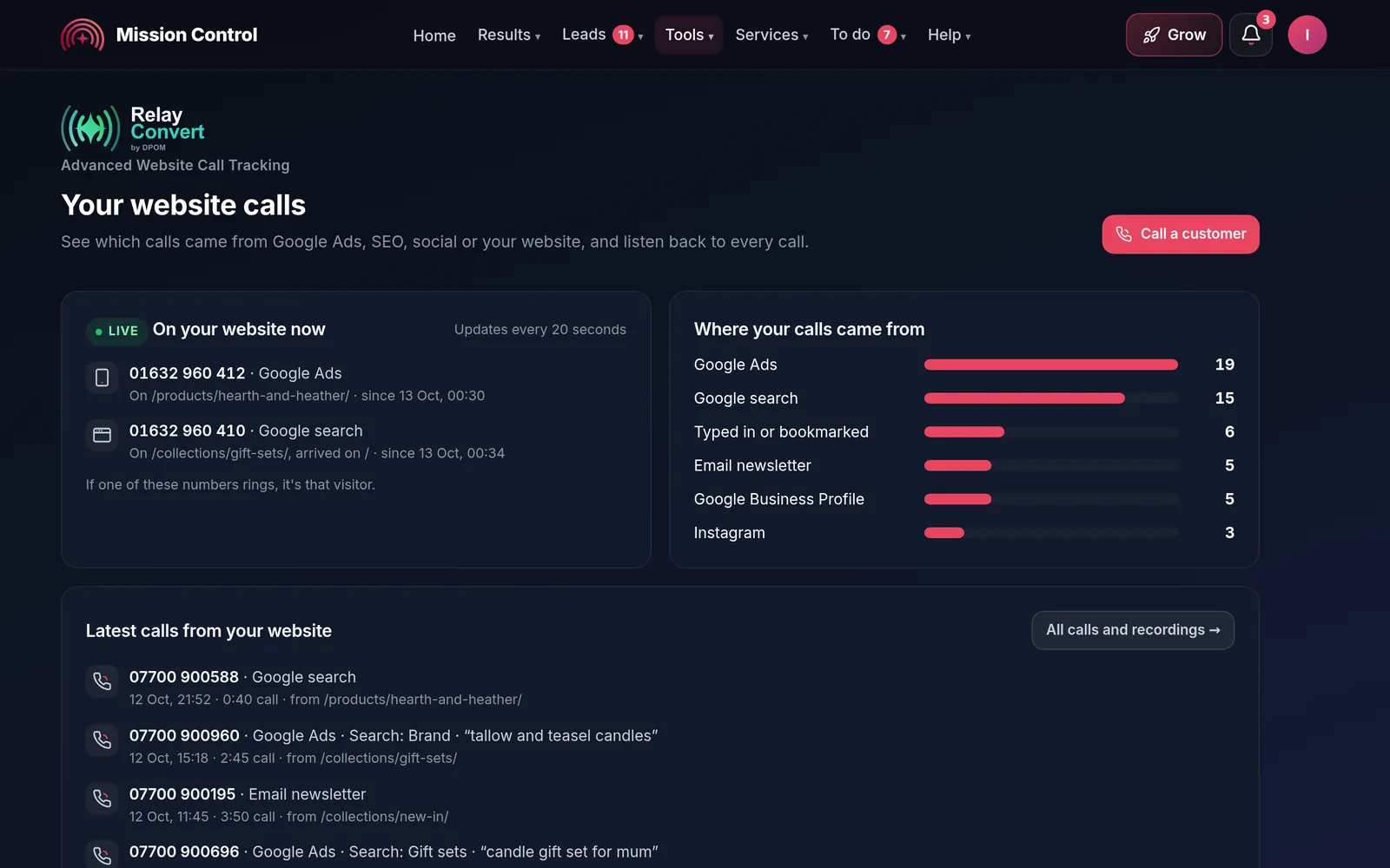 Relay Convert in Mission Control: who is on the website now with a tracking number, and where calls came from, demo account
