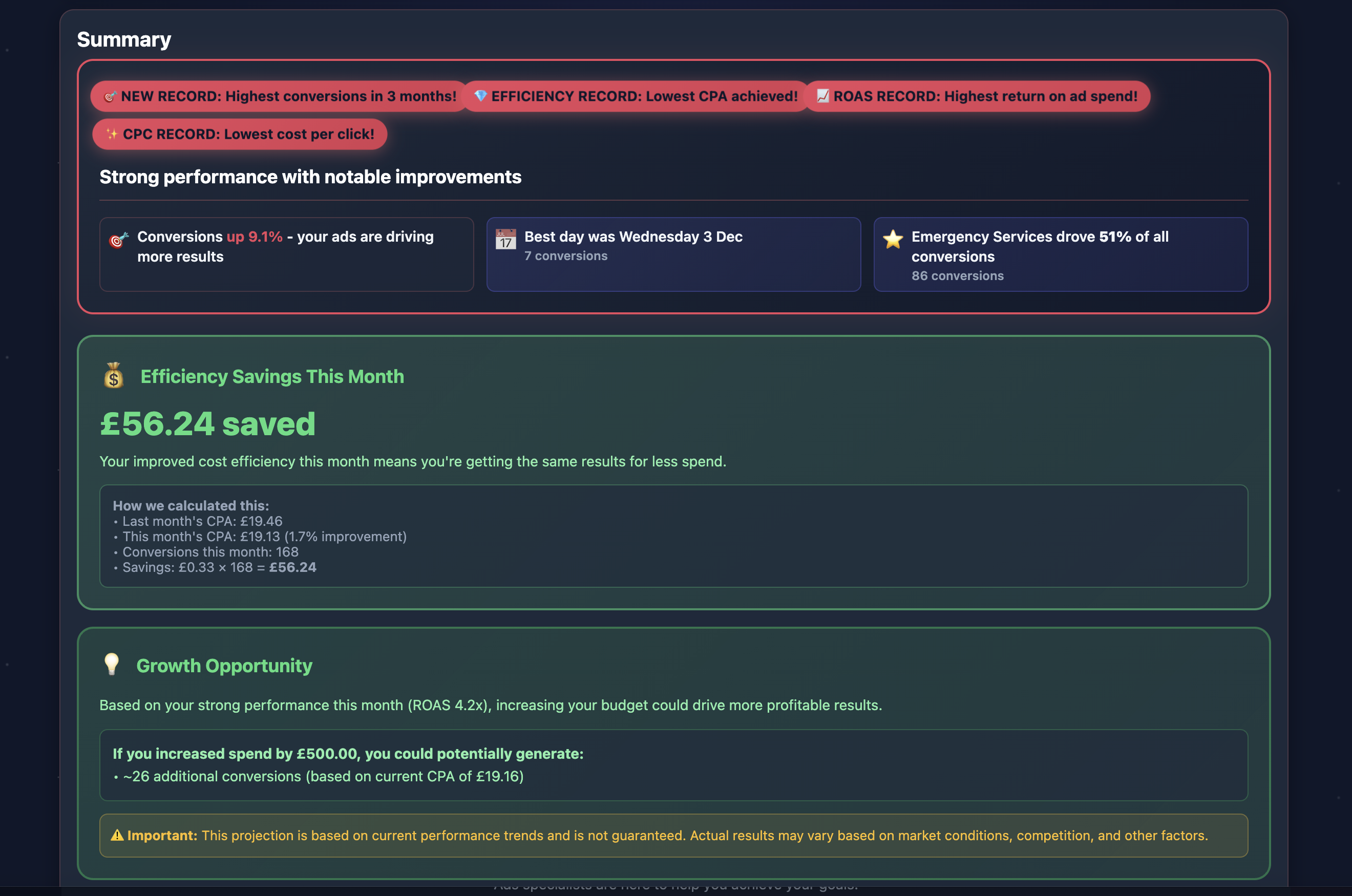 Performance Summary and Efficiency Savings