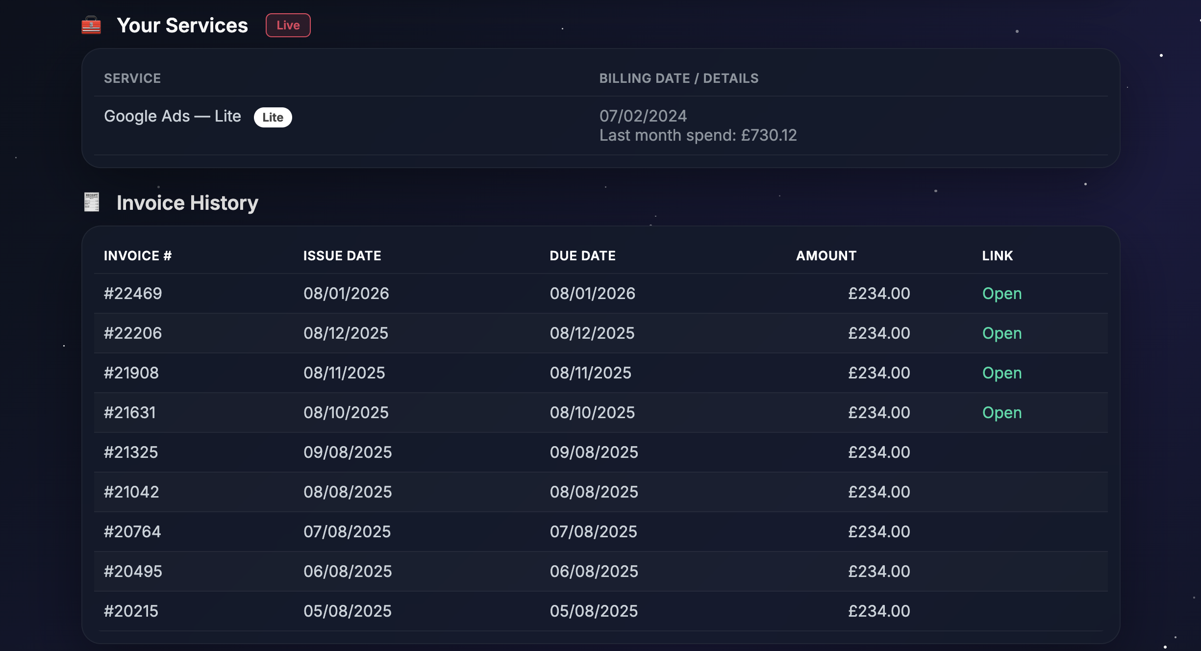 Services and Invoice History